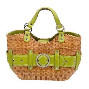 RAFE Leather Trim Bamboo Shoulder Bag Straw Green Brown Bag